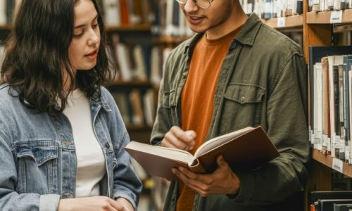 Two students collaborate in a library, focusing on a book. they engage in discussion, enhancing their learning experience. surrounded by shelves, the academic setting promotes concentration and knowledge sharing.